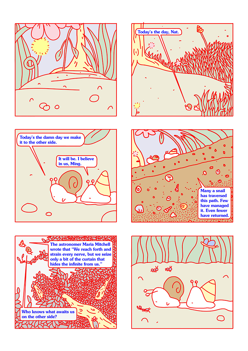 Page 1 of the Path, a comic about two snails, Nat and Ming, who embark on their adventure