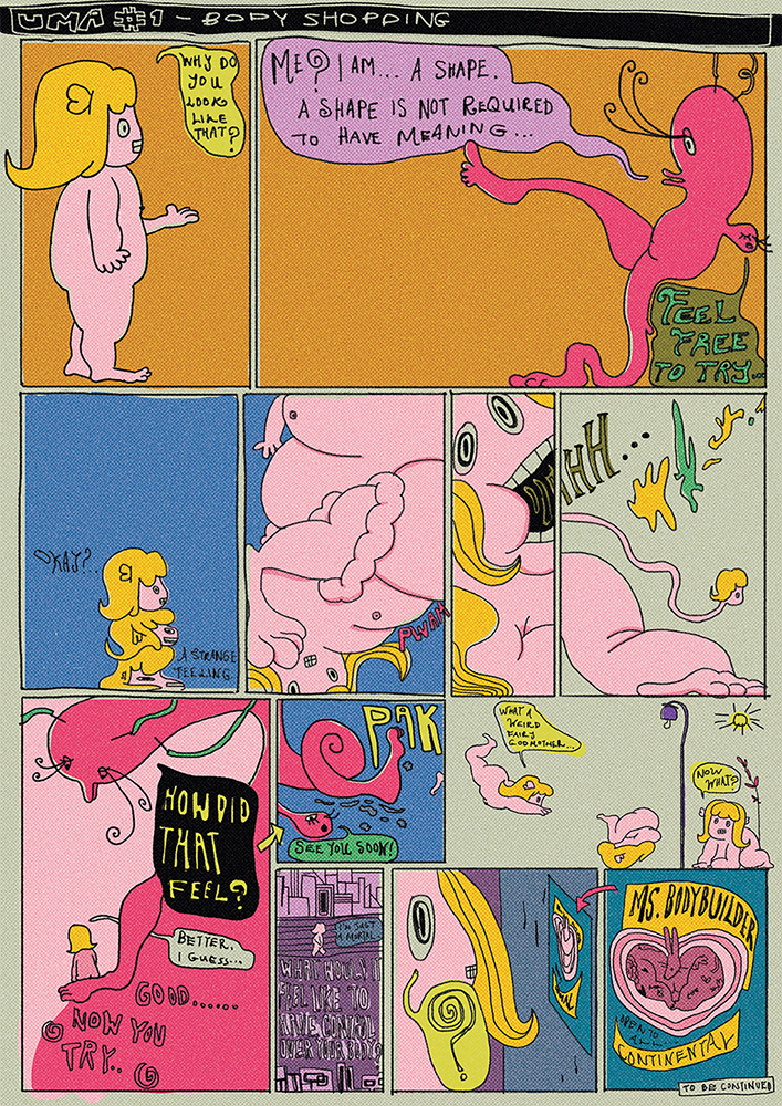 A saturated and colourful comic page of a pink creature with yellow hair speaking to another pink creature, before shapeshifting her body