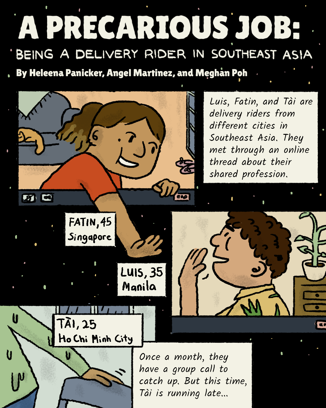 Page of comic with the first panel showing a delivery rider trying to escape a traffic police officer, the second panel showing another delivery rider paying for an order