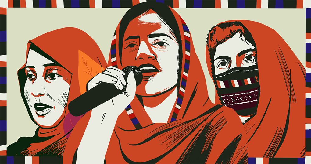 An illustration in red, white and dark green of three Baloch activists.