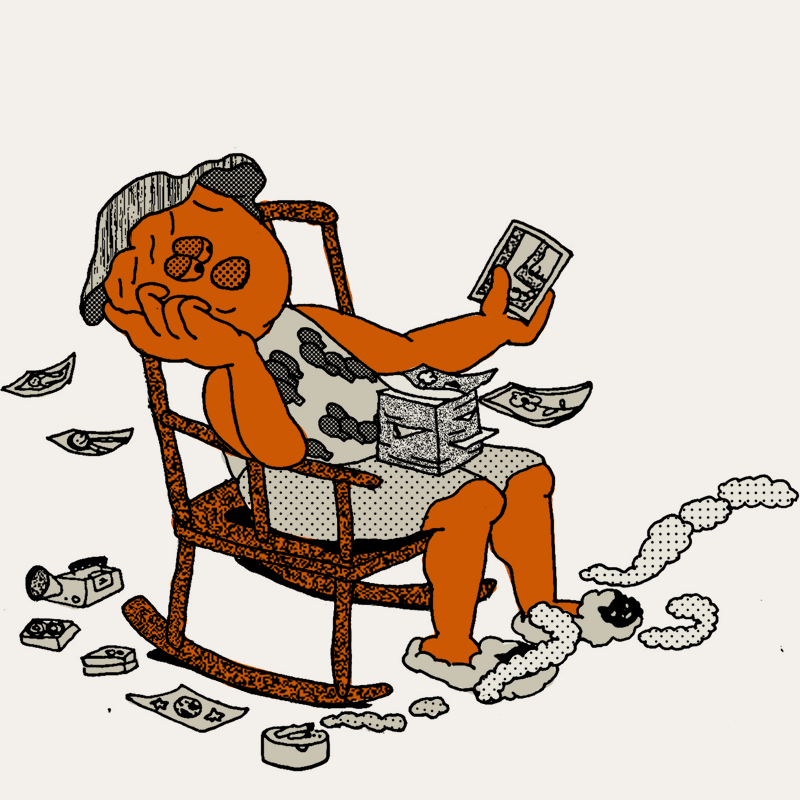 Illustration in orange and black of a grandma in a rocking chair reminiscing over her photos