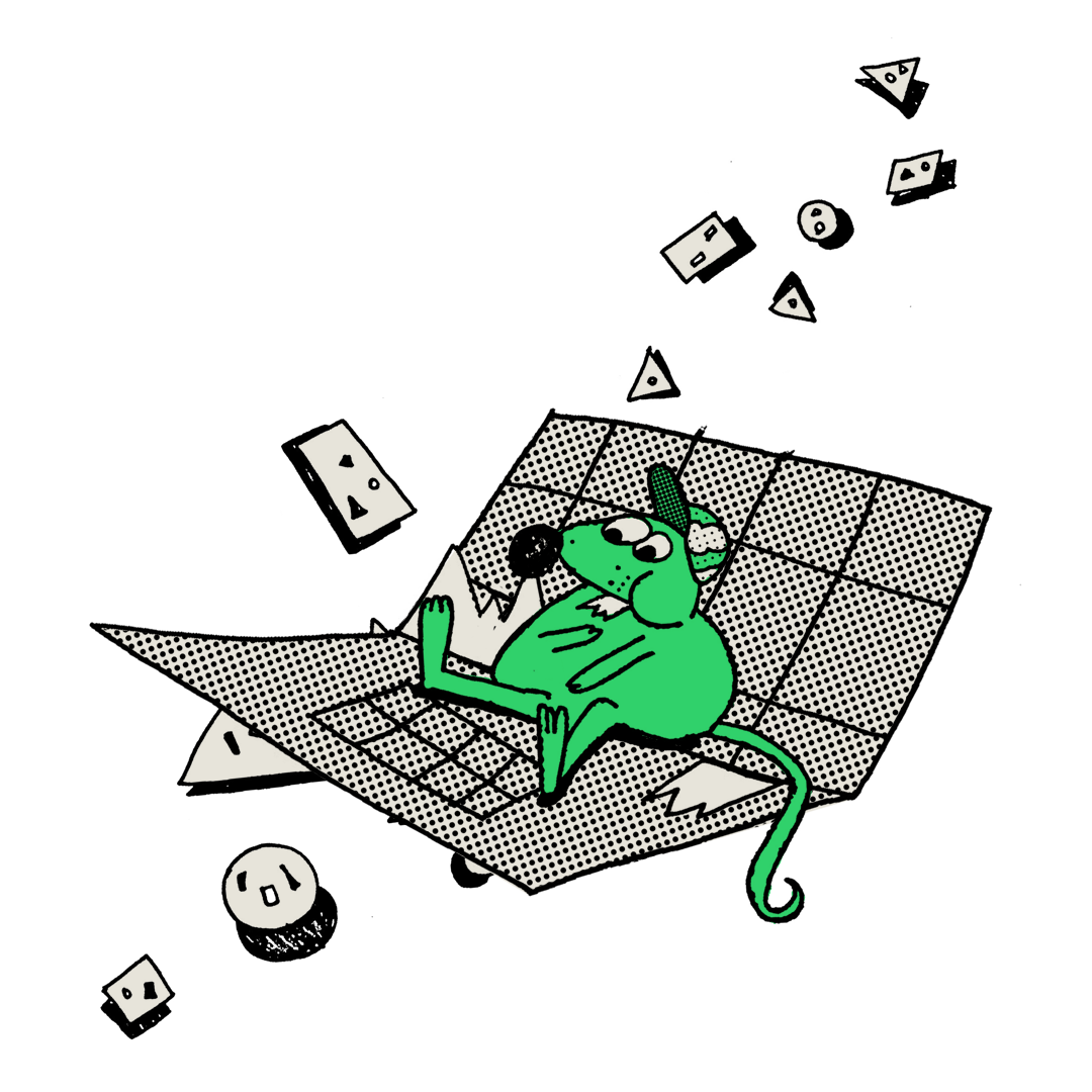 An animation of a green mouse wearing a cap sitting on an open book titled 'Grids n Stuff'. They are chewing the pages