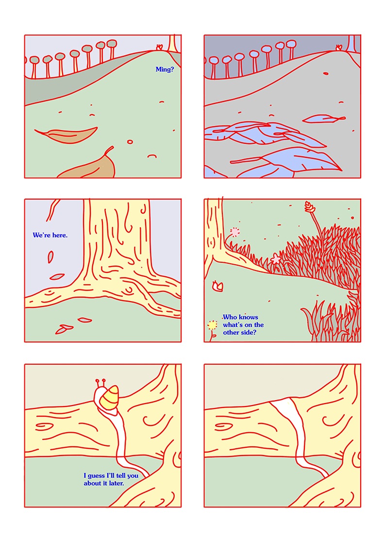 Page 3 of the Path, a comic about two snails, the aftermath of Ming being abducted by a giant hand in the sky